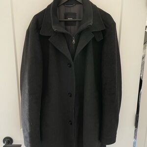 BOSS Men's Black Cashmere Wool-Blend Overcoat with Inner Zip Layer